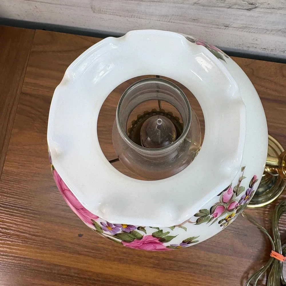 Antique Brass Student Oil Lamp Modified Wired Working with Floral Single Arm